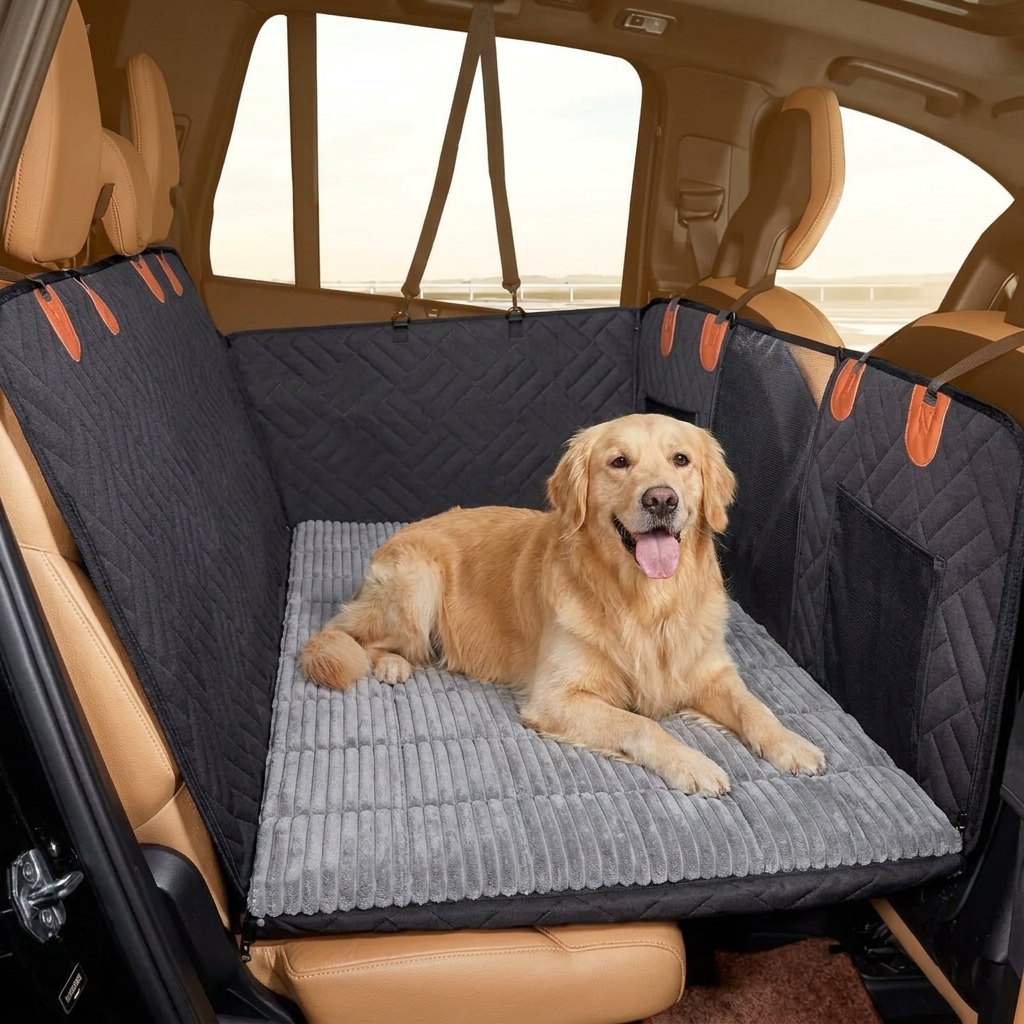Graue Plüsch-Autodecke für Hunde auf dem Pawnia Roadie