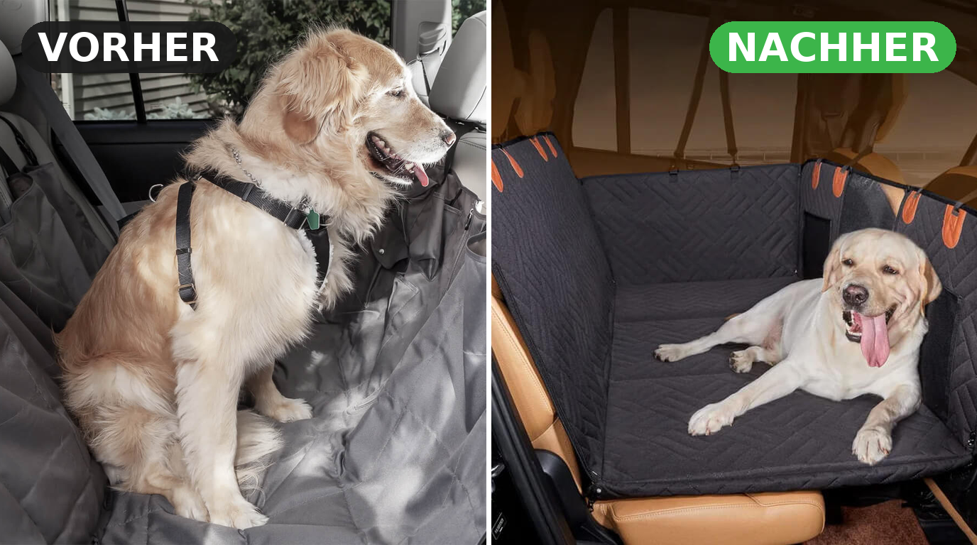 Vorher durchhängende Billig-Hängematte, nachher fester Pawnia Roadie, Hund liegt eben und sicher