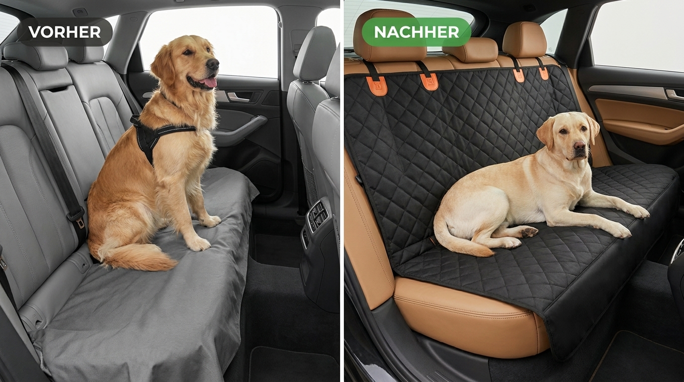 Vorher durchhängende Billig-Hängematte, nachher fester Pawnia Roadie, Hund liegt eben und sicher