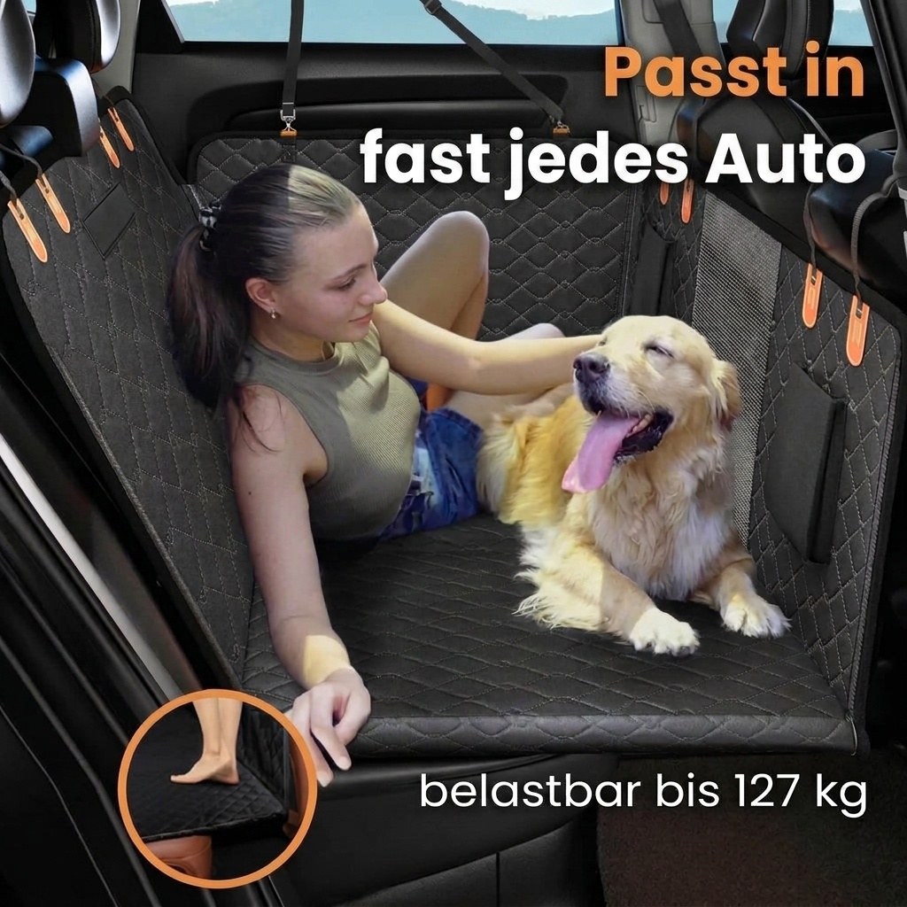 Pawnia Roadie passt in fast jedes Auto, Frau und Hund liegen entspannt auf der ebenen Fläche